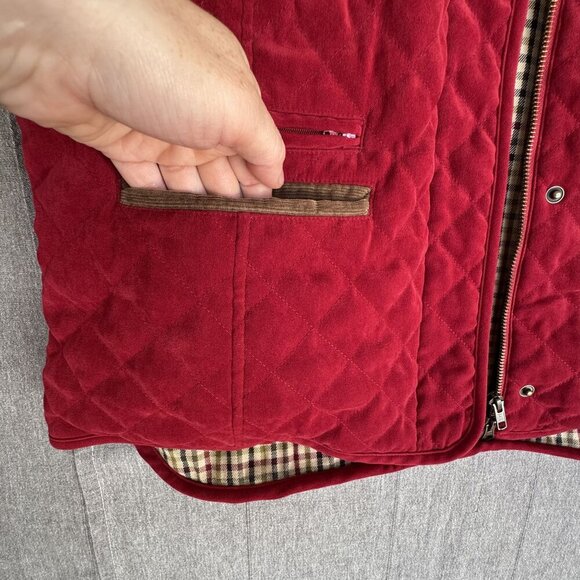 Orvis Quilted Deep Ruby Red Tan Corduroy Pocket Piping Zip Front Vest Size Large - Picture 4 of 11